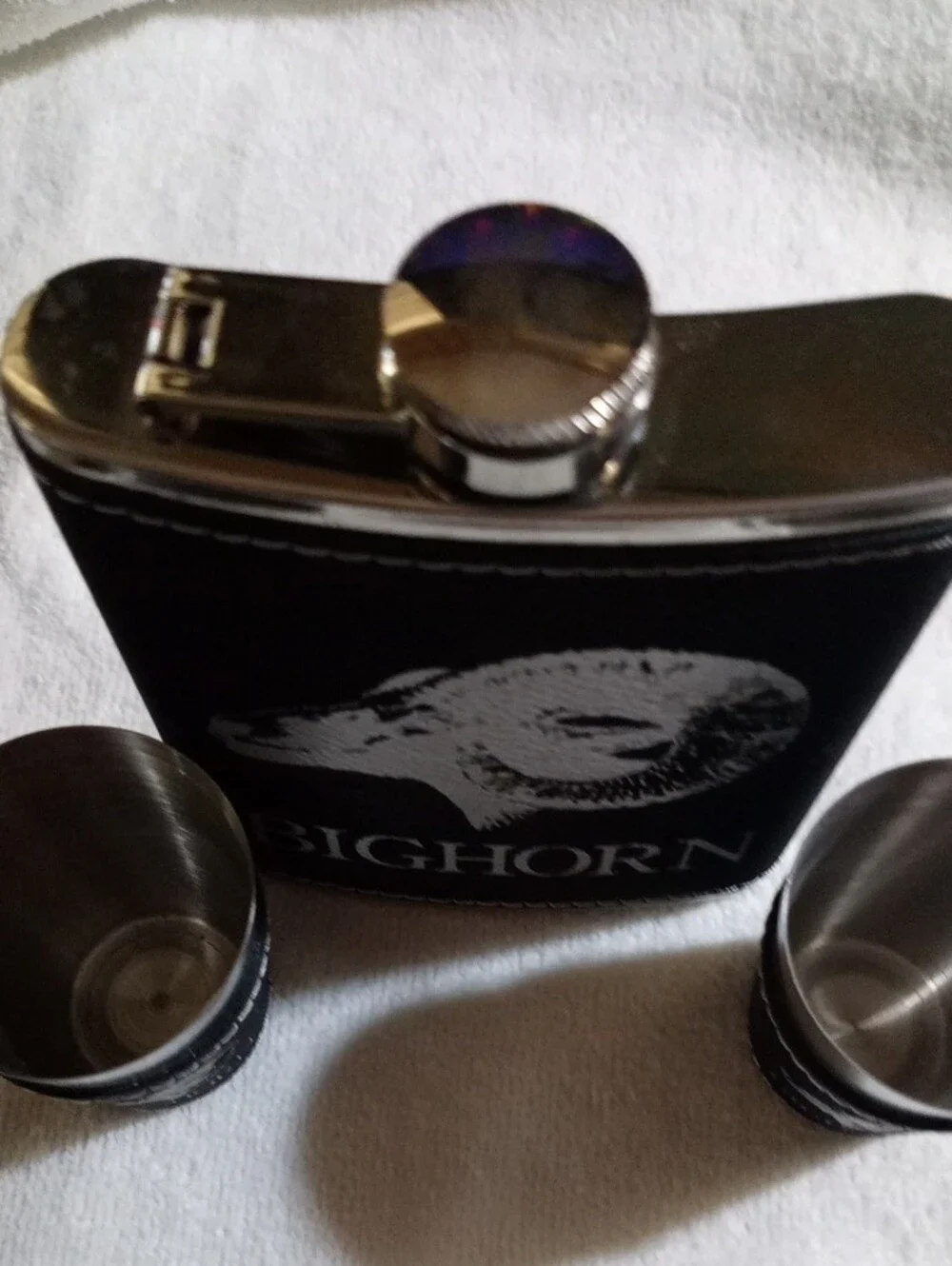 BIGHORN Black Leather Stainless Steel Flask Set